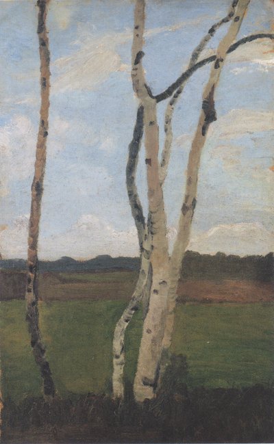 Tronchi di betulla davanti al paesaggio da Paula Modersohn Becker